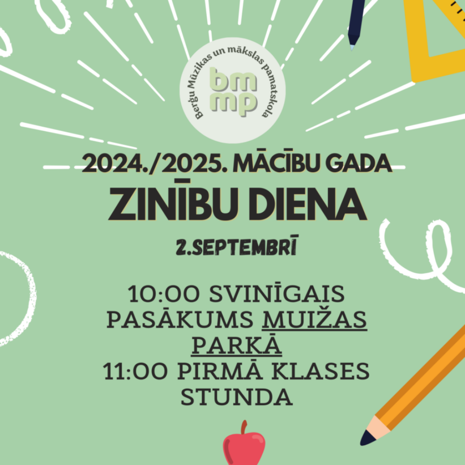 Zinību diena 2.09., plkst.10.00 Svinīgais muižas parkā, 11.00 klases stunda
