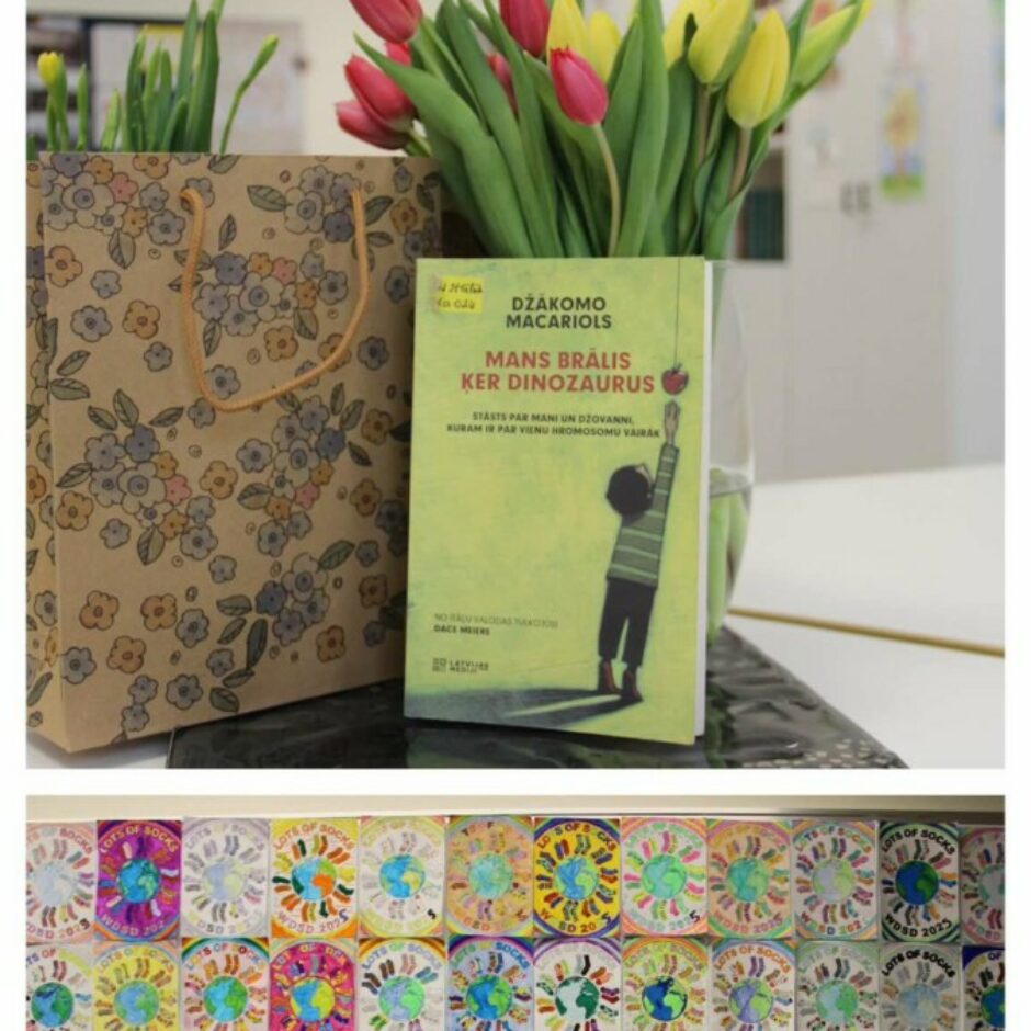 Ziedi vāzē, krāsainu zeķu zīmējumi