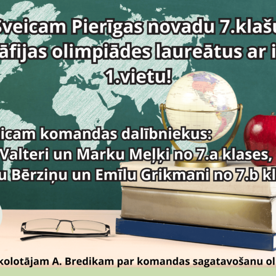Sveicam Pierīgas novadu 7.klašu ģeogrāfijas olimpiāžu laureātus ar iegūto 1.vietu!
