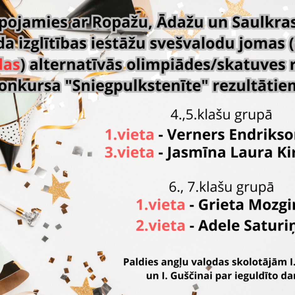 Lepojamies ar Ropažu, Ādažu un Saulkrastu novada izglītības iestāžu svešvalodu jomas (angļu valodas) alternatīvās olimpiādes/skatuves runas konkursa 