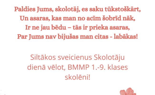 Sveiciens skolotāju dienā visiem skolotājiem