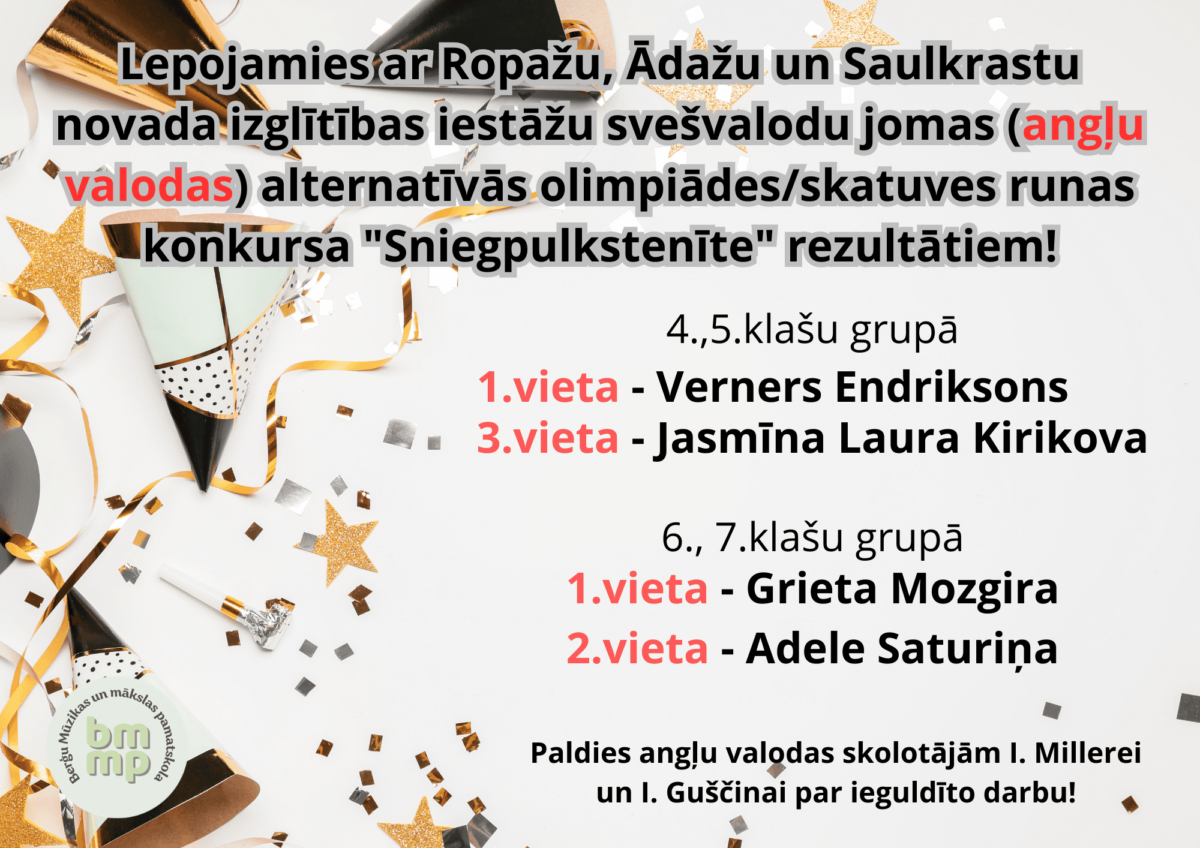 Lepojamies ar Ropažu, Ādažu un Saulkrastu novada izglītības iestāžu svešvalodu jomas (angļu valodas) alternatīvās olimpiādes/skatuves runas konkursa
