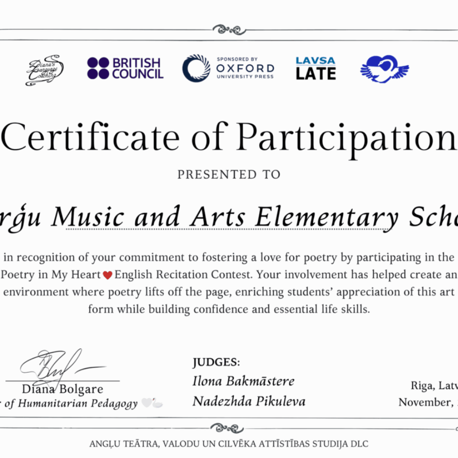 sertifikāts par dalību angļu valodas dzejas konkursā