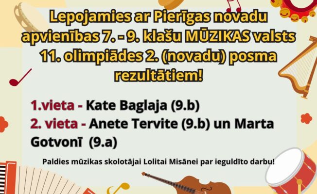 Lepojamies ar Pierīgas novadu apvienības 7. - 9. klašu MŪZIKAS valsts 11. olimpiādes 2. (novadu) posma rezultātiem! 1.vieta - Kate Baglaja (9.b) 2. vieta - Anete Tervite (9.b) un Marta Gotvonī (9.a)