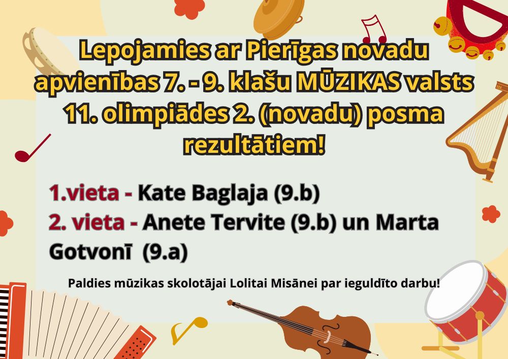 Lepojamies ar Pierīgas novadu apvienības 7. - 9. klašu MŪZIKAS valsts 11. olimpiādes 2. (novadu) posma rezultātiem! 1.vieta - Kate Baglaja (9.b) 2. vieta - Anete Tervite (9.b) un Marta Gotvonī (9.a)
