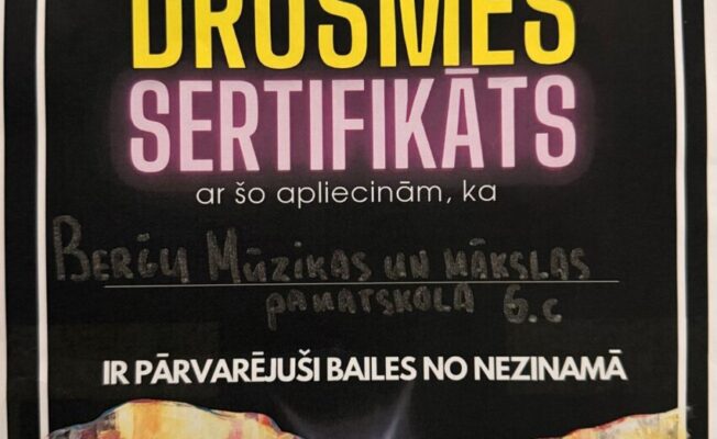 Drosmes sertifikāts par Sensorium apmeklējumu 6.c klasei.