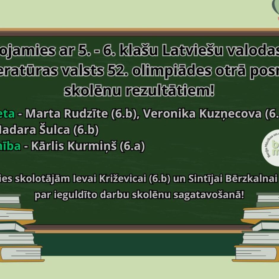 Lepojamies ar 5. - 6. klašu Latviešu valodas un literatūras valsts 52. olimpiādes otrā posma skolēnu rezultātiem! 2.vieta - Marta Rudzīte (6.b), Veronika Kuzņecova (6.b) un Madara Šulca (6.b) Atzinība - Kārlis Kurmiņš (6.a). Paldies skolotājām Ievai Križevicai (6.b) un Sintījai Bērzkalnai (6.a) par ieguldīto darbu skolēnu sagatavošanā!
