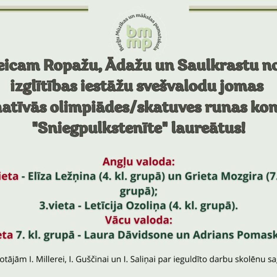 Sniegpulkstenītes konkursa rezultātu paziņojums no Berģu Mūzikas un mākslas pamatskolas. Zaļā rāmī ar sniegpulkstenīšu zīmējumiem gaiši bēšā fonā redzams teksts: 