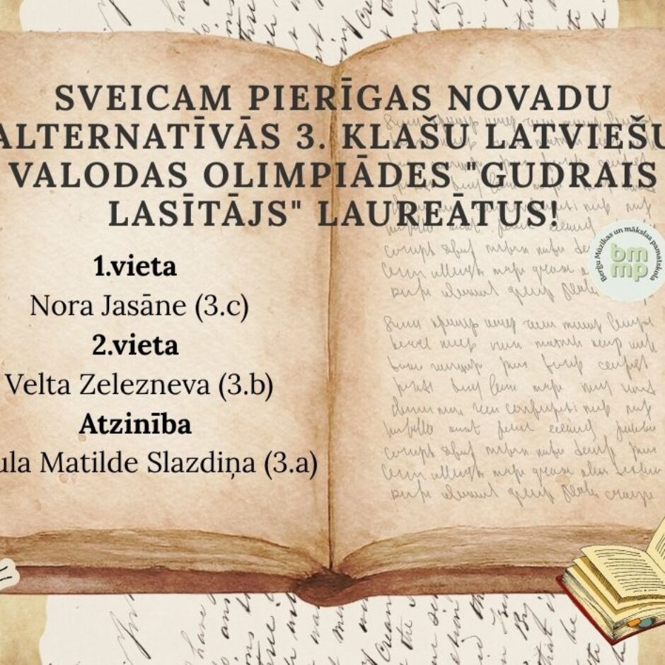 Atvērta veclaicīga grāmata ar tekstu: SVEICAM PIERĪGAS NOVADU ALTERNATĪVĀS 3. KLAŠU LATVIEŠU VALODAS OLIMPIĀDES 