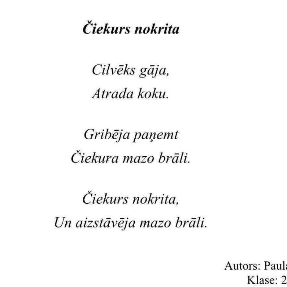 Balta lapa ar melnu tekstu, kurā rakstīts stāsts: 