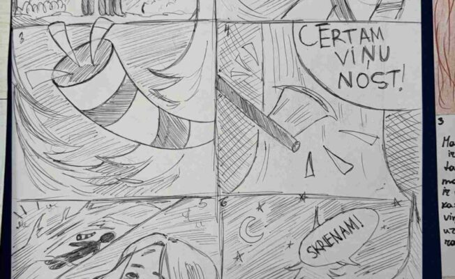 Melni-balts, ar roku zīmēts komikss ar sešiem paneļiem, nosaukts 