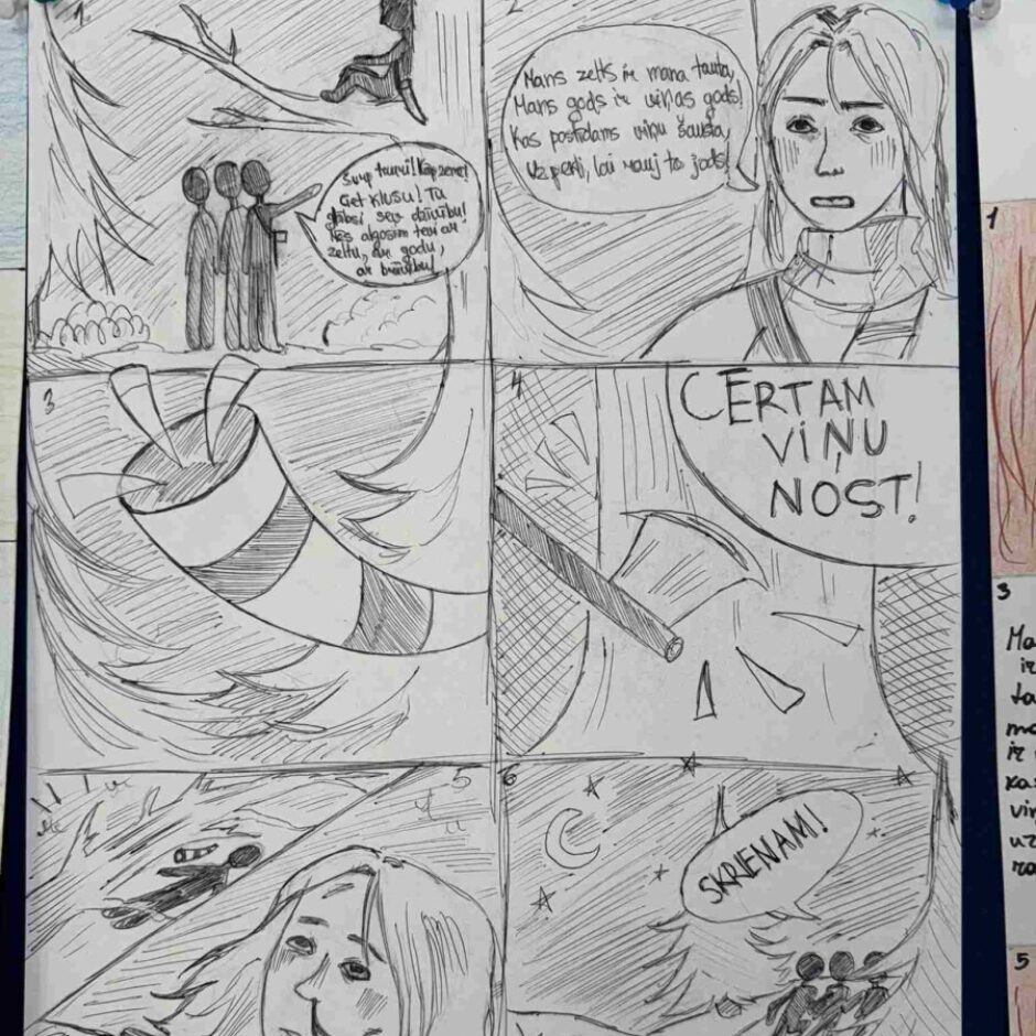 Melni-balts, ar roku zīmēts komikss ar sešiem paneļiem, nosaukts 