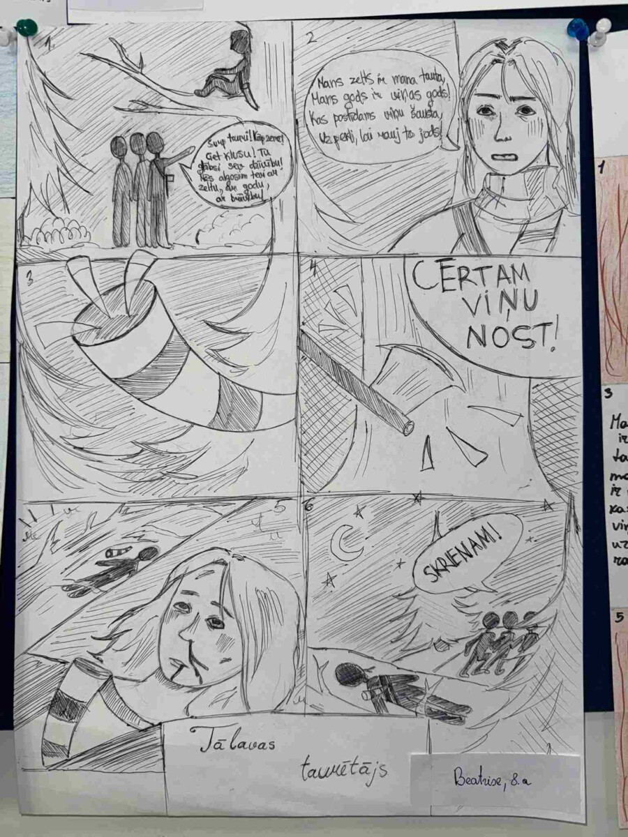 Melni-balts, ar roku zīmēts komikss ar sešiem paneļiem, nosaukts 