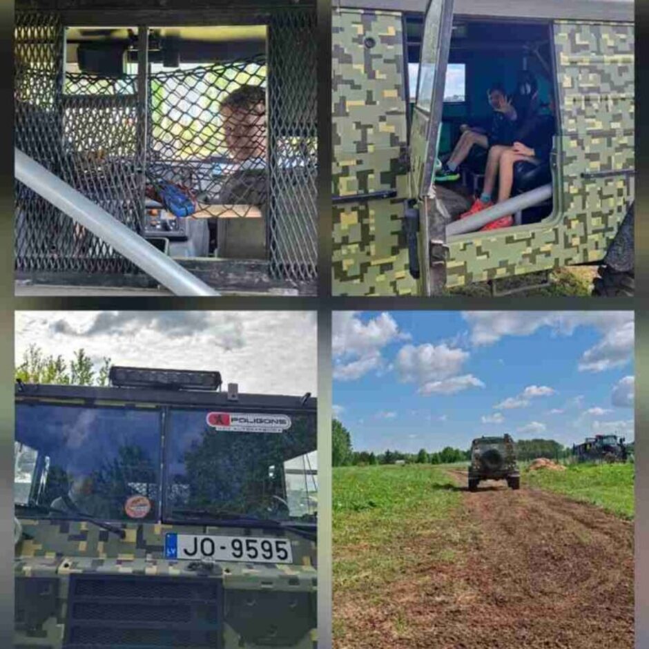 Kolāža ar sešām fotogrāfijām, kurās redzams bērns apvidus auto militārā kamuflāžas krāsojumā Uz vējstikla ir uzlīme 