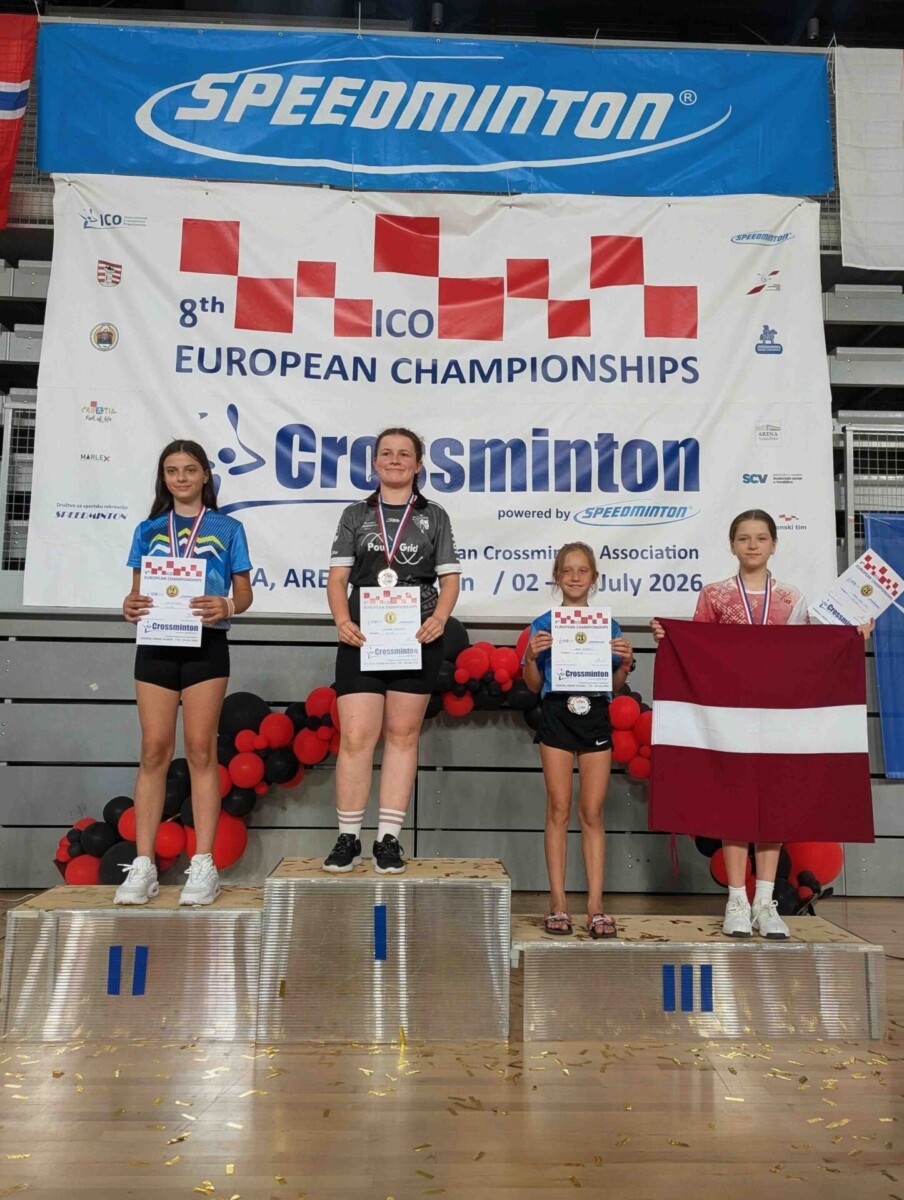 Četras jaunas meitenes stāv uz pjedestāla ar medaļām un diplomiem pēc 