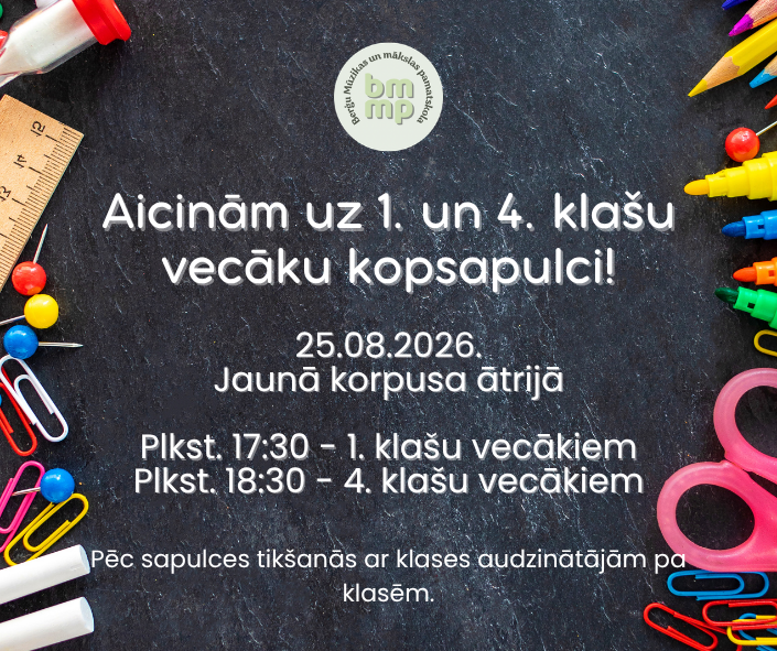 Aicinām 1. un 4. klašu skolēnu vecākus uz vecāku kopsapulci! Lai jaunais mācību gads sākas ar iepazīšanos, svarīgāko informāciju un veiksmīgu sadarbību, aicinām 1. un 4. klašu skolēnu vecākus uz kopsapulci. 25.08.2026. Jaunā korpusa ātrijā 17.30 – 1. klašu vecākiem 18.30 – 4. klašu vecākiem Pēc kopējās sapulces būs iespēja tikties ar klašu audzinātājiem pa klasēm, lai pārrunātu klasei aktuālo. Gaidīsim Jūs, lai kopā veiksmīgi uzsāktu jauno mācību gadu!