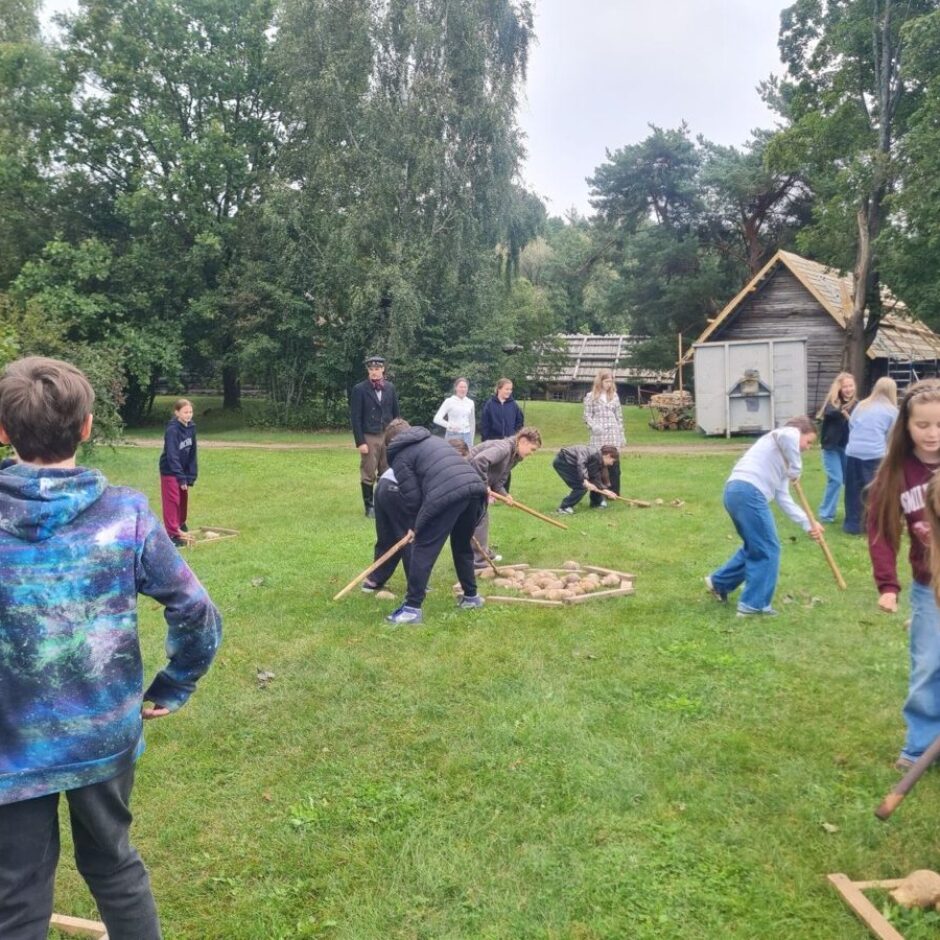 Bērni un jaunieši āra muzejā spēlē tradicionālu spēli ar nūjām un kartupeļiem vai koka bluķīšiem uz zāles. Fonā redzamas koka ēkas un pieaugušais vēsturiskā tērpā.